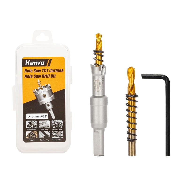 Henvo Hole Saw 9/16" (14mm) Heavy Duty Carbide with 2 Pilot Drill Bits - Metal Hole Cutter Cuts Stainless Steel, Iron, Copper, Brass, Plastic - Image 1